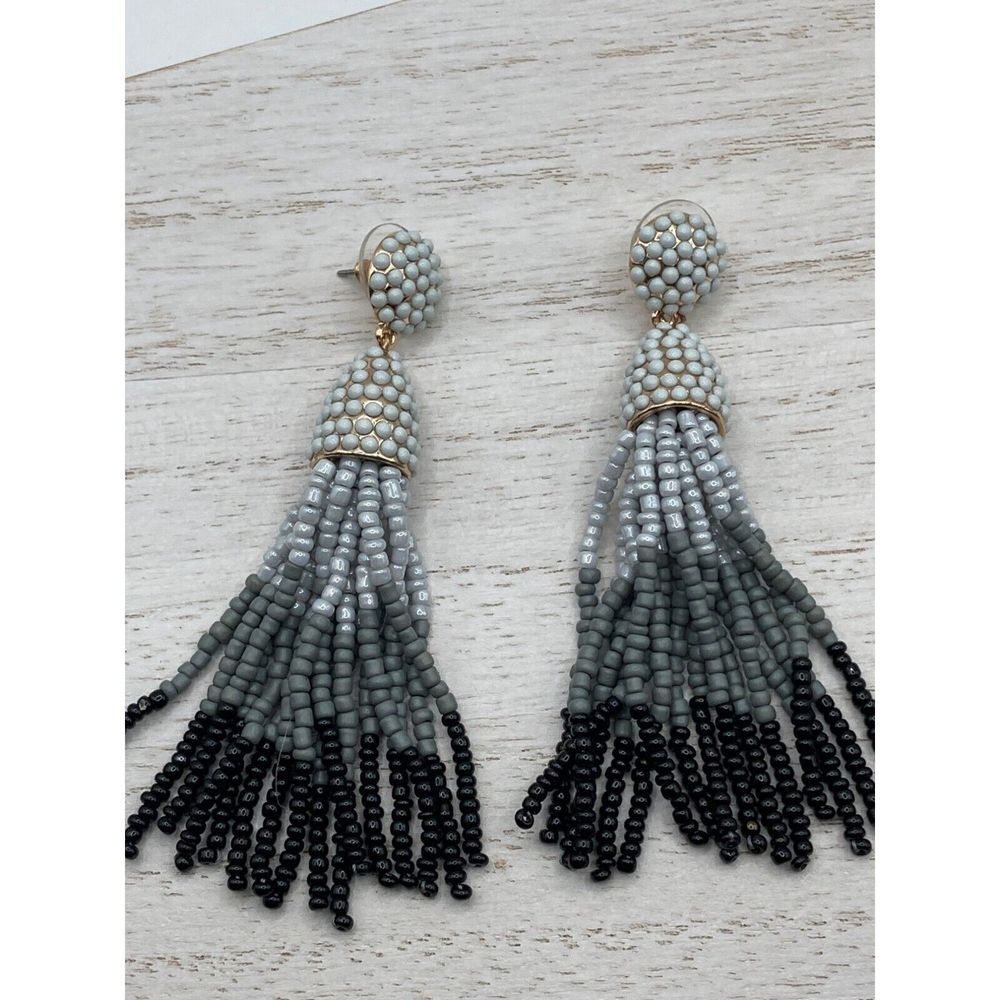 Baublebar‎ Ombre beaded  Black Gray White Gold Tone Drop Dangle 3" Earrings